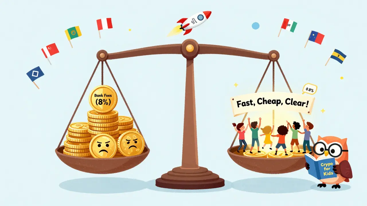 A balance scale compares high bank fees with low crypto fees, surrounded by dancing people and a rocket.