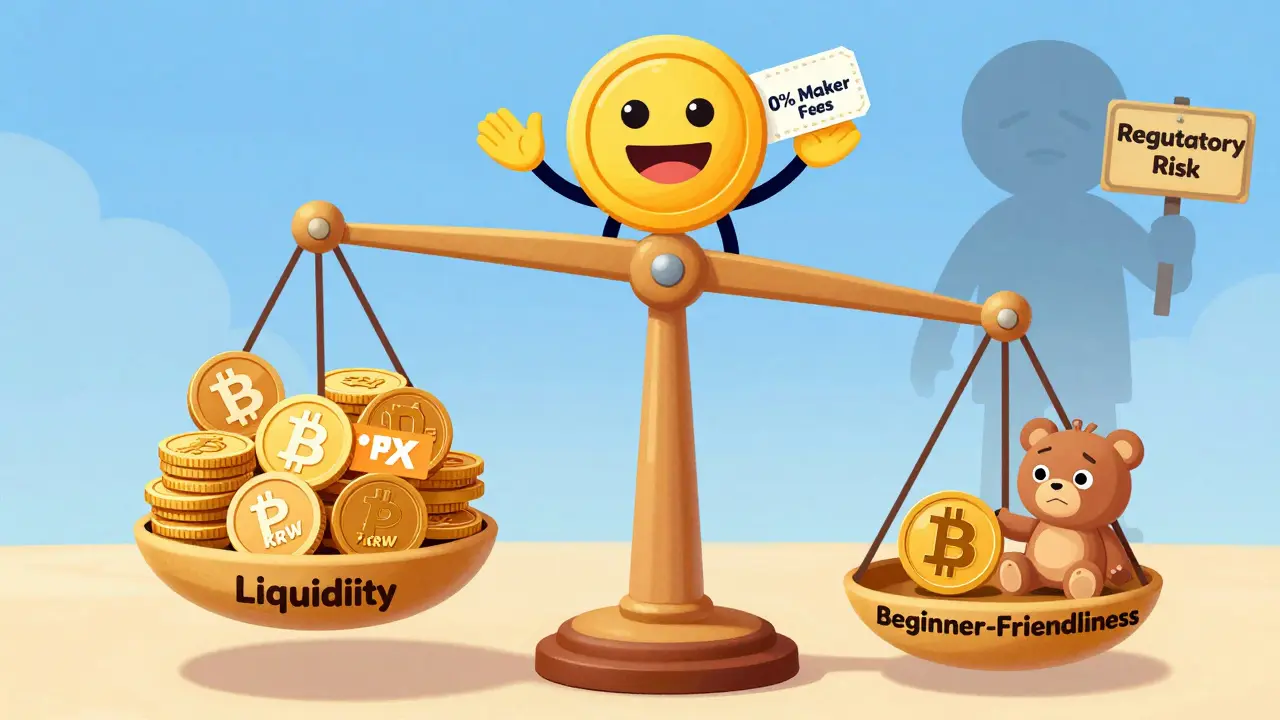 A balance scale showing high liquidity on one side and beginner-friendliness barely holding on the other.