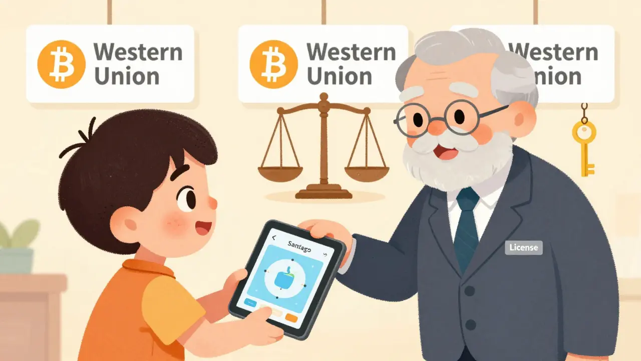 A boy gives a digital wallet to his grandfather as a licensed official approves the transaction.