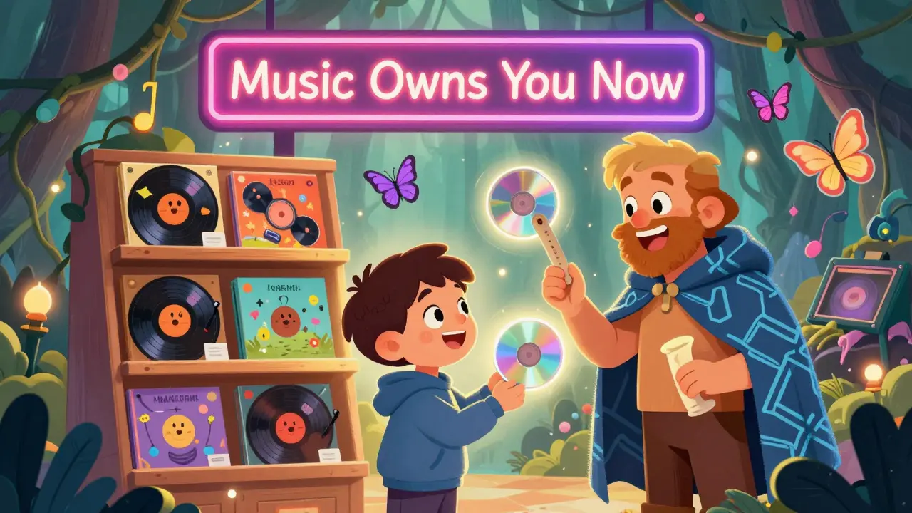 A boy receiving a living vinyl NFT from an artist in a blockchain cloak inside a magical record store.