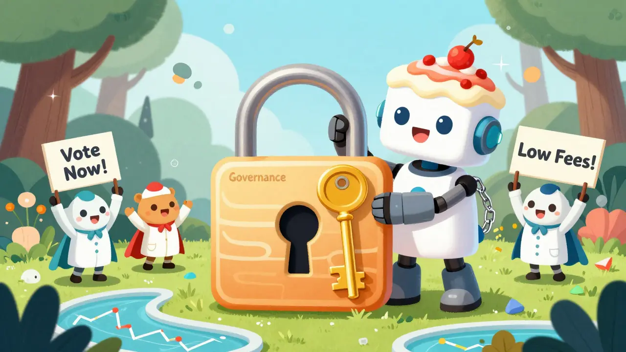 A cake-headed robot places a governance key into a PancakeSwap lock while animal helpers cheer nearby.