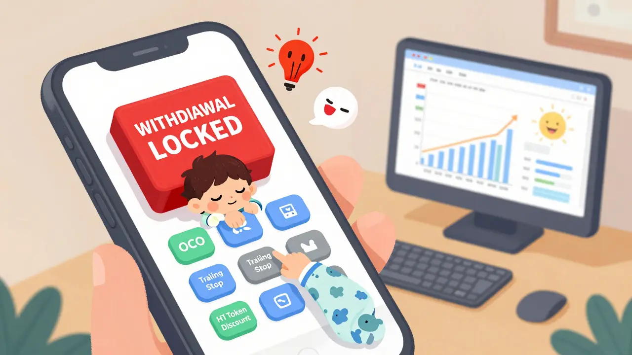 A chaotic mobile app screen with flying trading buttons and a child triggering a withdrawal lock alarm.