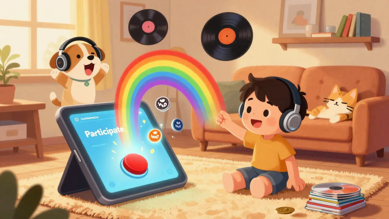 A child clicking a button that releases rainbow tokens into a cozy room filled with spinning records.
