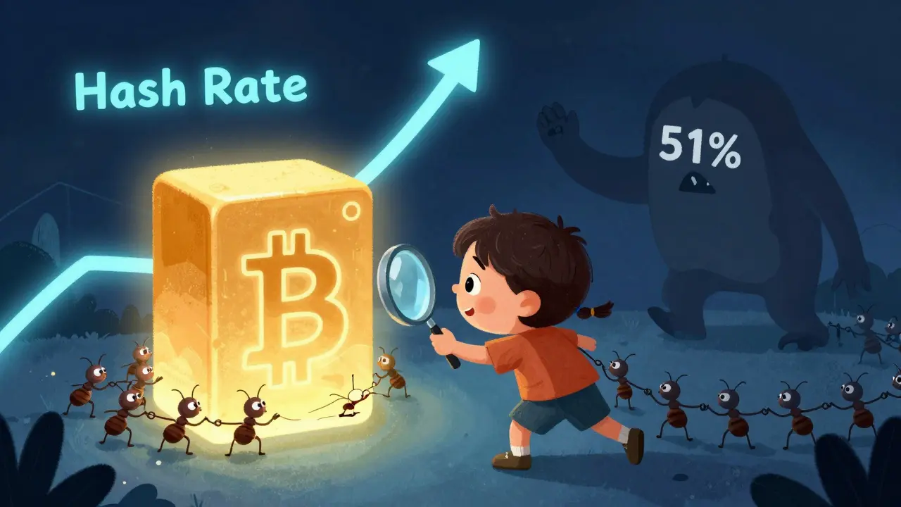A child examines a Bitcoin block with miners inside, while a defeated monster slips off a rising hash rate track.
