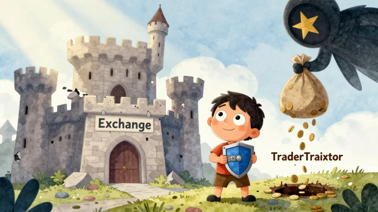 A child holds a shield-shaped hardware wallet as a crumbling exchange castle falls behind them, watched by a shadowy figure.