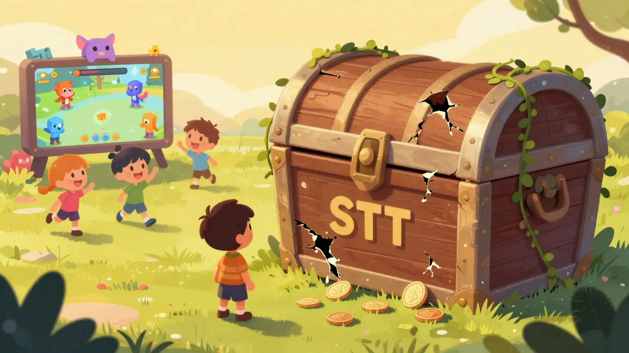 A child stands before a crumbling STT treasure chest while others play vibrant blockchain games nearby.
