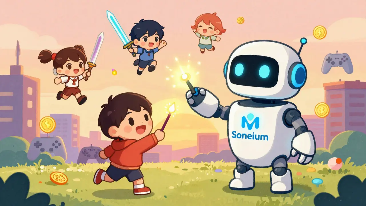 A child using a magic wand to connect to a friendly robot with the Soneium logo, surrounded by dancing NFTs and sparkling gas fee fireflies.