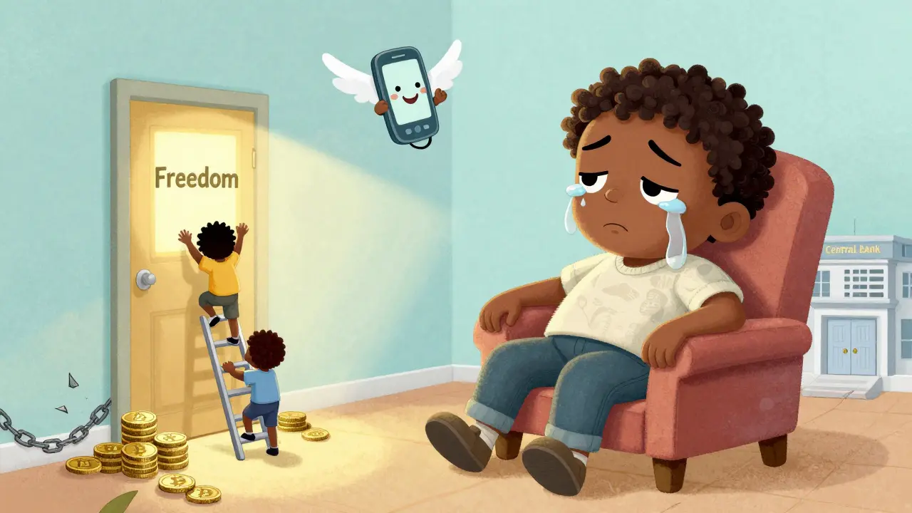 A crying naira banknote sits defeated as children climb a ladder of crypto coins toward a door labeled &#039;Freedom.&#039;