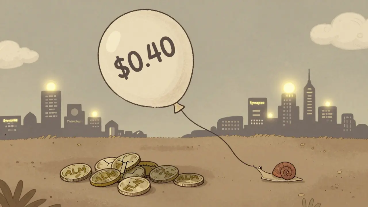 A deflated balloon labeled <h2>Is ALM Worth Buying?</h2>.40 drifts away as cracked ALM coins lie on the ground beneath a glowing crypto skyline.