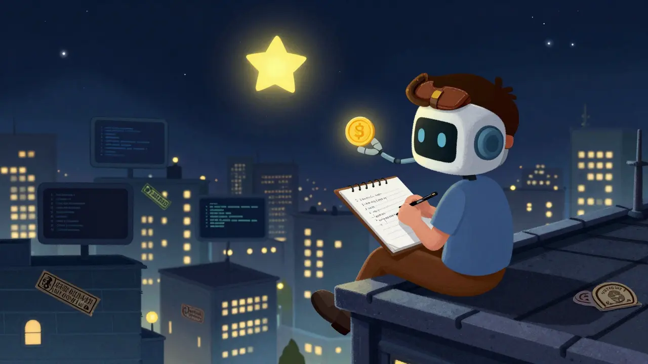 A developer sketches code on a rooftop as a friendly robot floats beside him with a glowing coin.