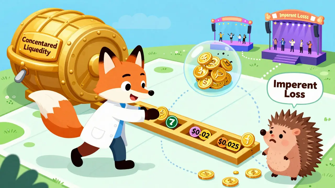 A fox placing tokens into a narrow price range vault while a hedgehog gets stuck in a bubble, illustrated like a whimsical treasure map.