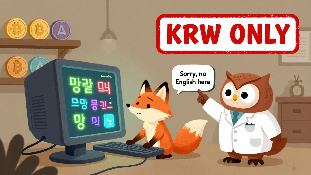 A fox struggles with a Korean-language computer screen while an owl points to a 'no English' sign.
