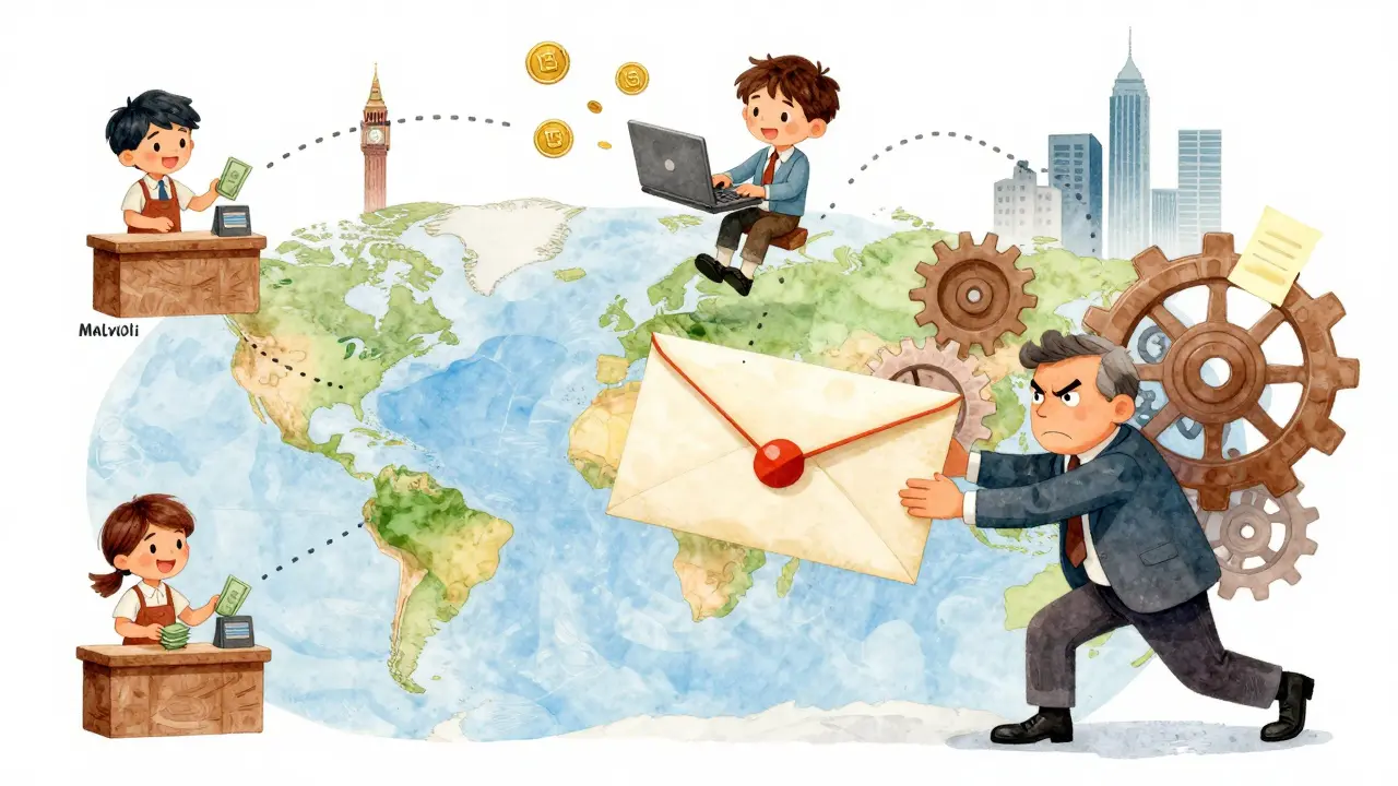 A freelancer sends crypto coins to three countries while a slow banker struggles with a giant envelope.