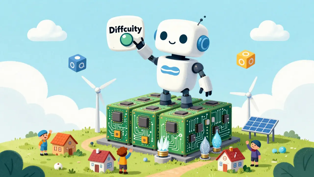 A friendly robot adjusts mining difficulty while miners from different countries power it with renewable energy.