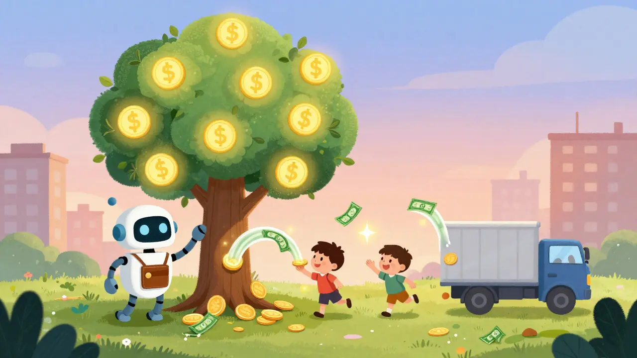 A friendly robot beside a coin tree, streaming payments to freelancers and workers in a whimsical digital economy.