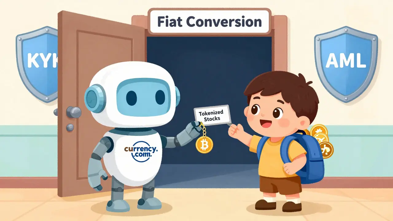 A friendly robot gives a key to a kid, unlocking access to tokenized stocks without fiat conversion.