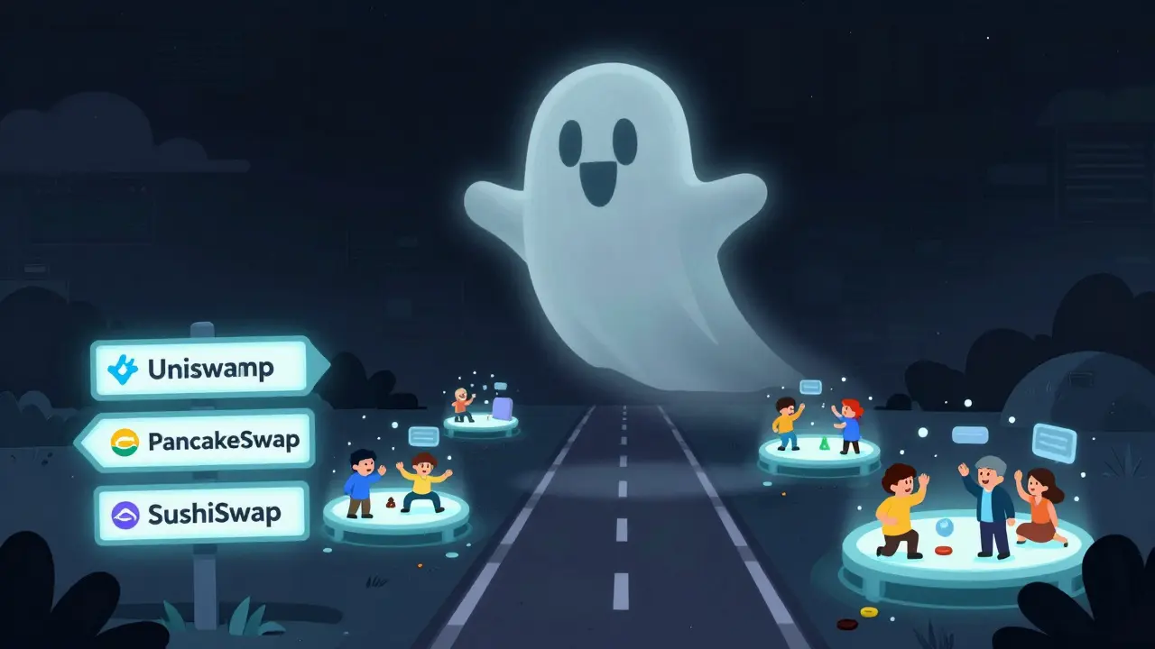 A ghostly logo fading over a silent digital world while other exchanges glow warmly with active users.