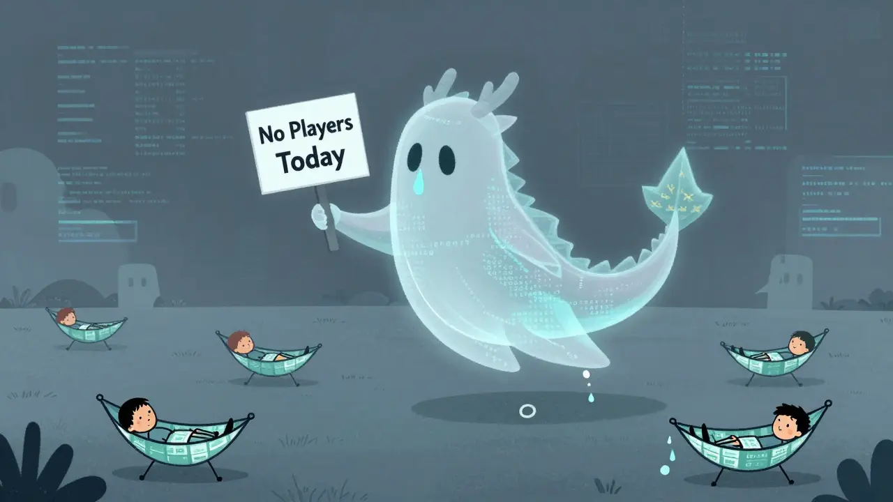 A ghostly pixel dragon floats above an empty battlefield, dropping a tear that turns into a zero.