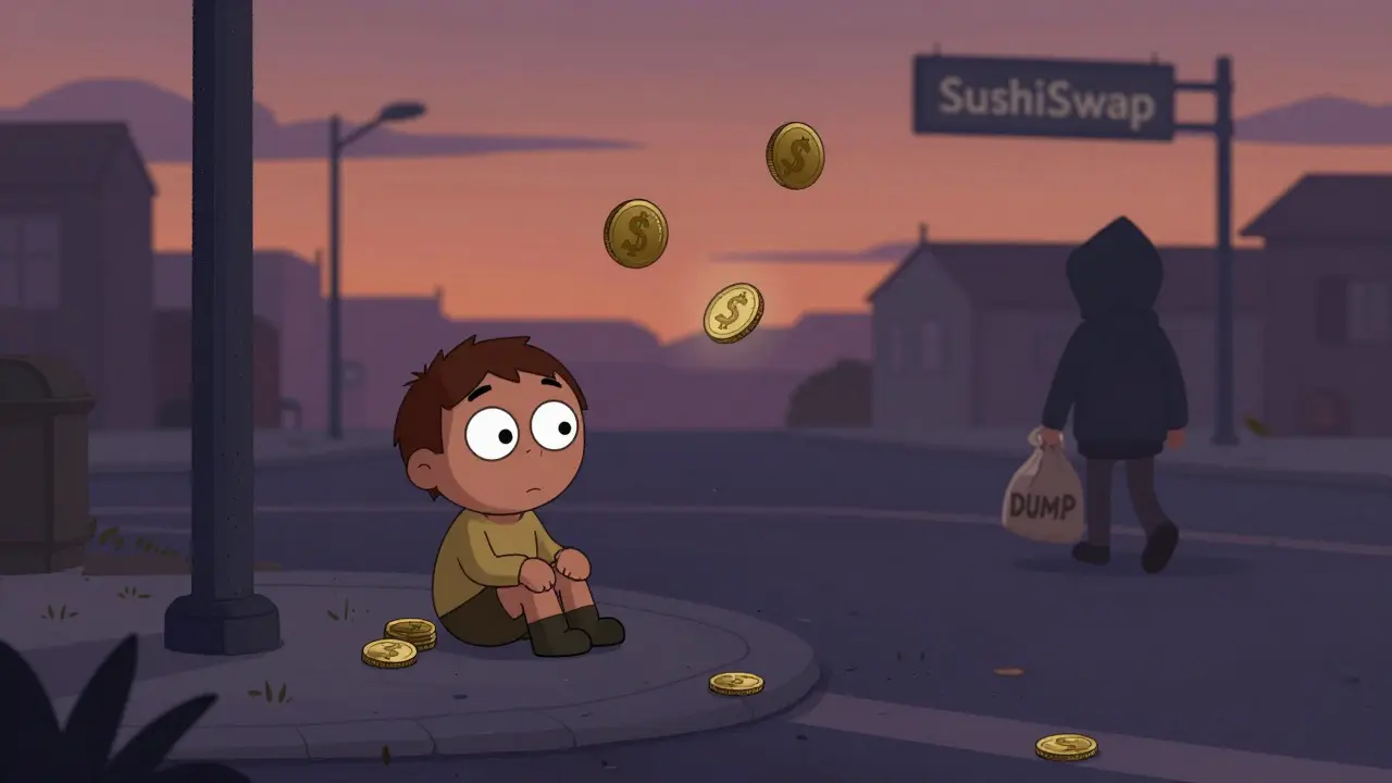 A lonely ANDY coin sits alone at dusk as memes blow away and a shadowy figure drops a &#039;DUMP&#039; bag.