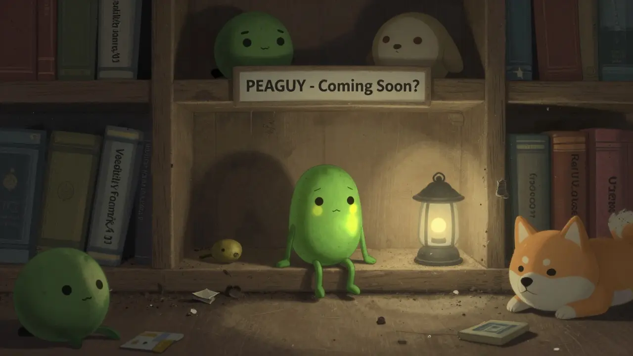 A lonely pea sitting on a dusty shelf labeled &#039;PEAGUY - Coming Soon?&#039;, surrounded by forgotten crypto mascots.