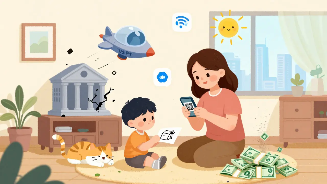 A mother pays for milk with a QR code, child draws a USDT spaceship flying over a broken bank.