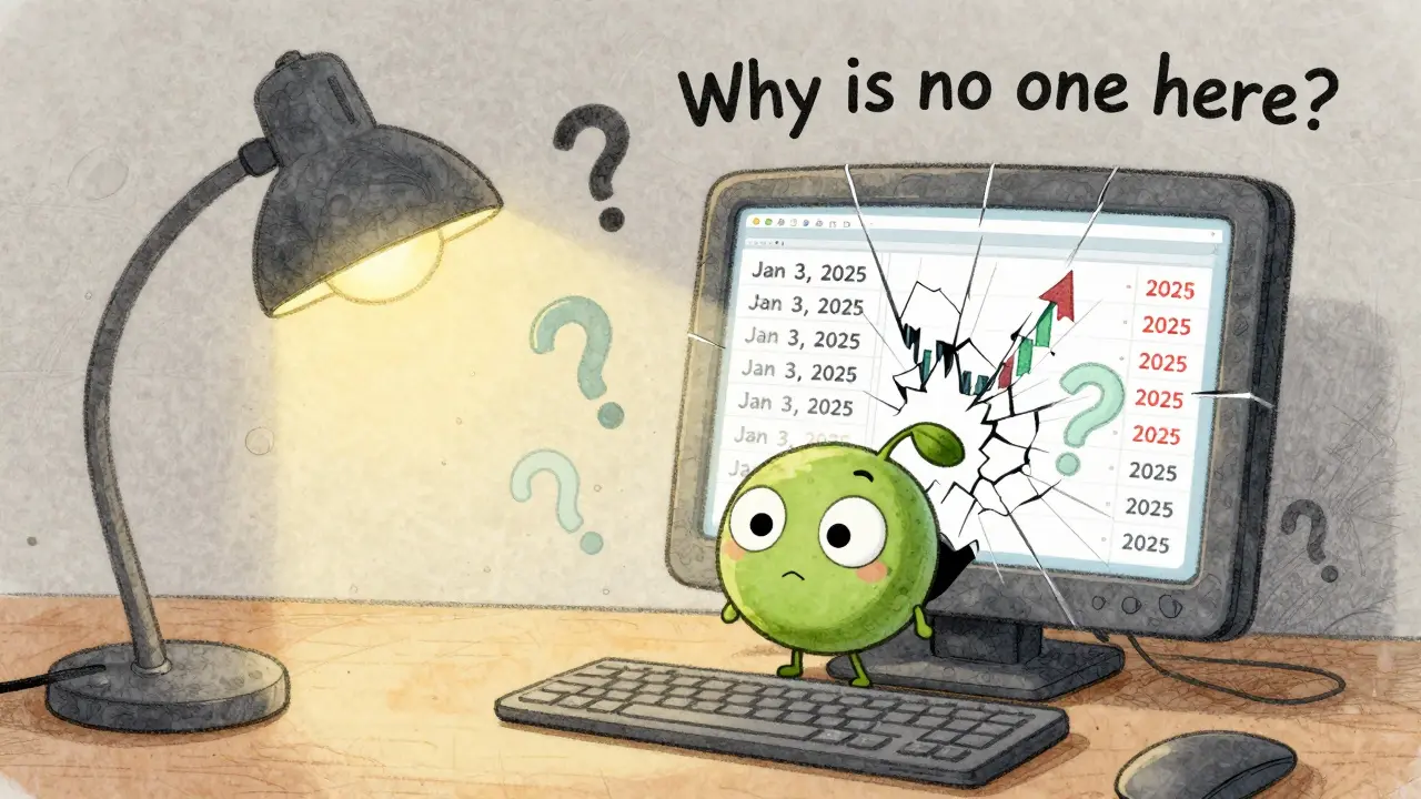 A pea peeking from behind a broken price chart showing impossible future dates, surrounded by fading trading arrows.