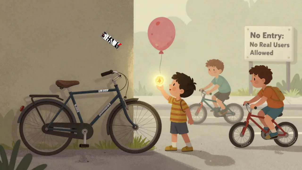 A peeling SHACK sticker is stuck on a broken bike, while other kids ride bikes labeled with real crypto utility.