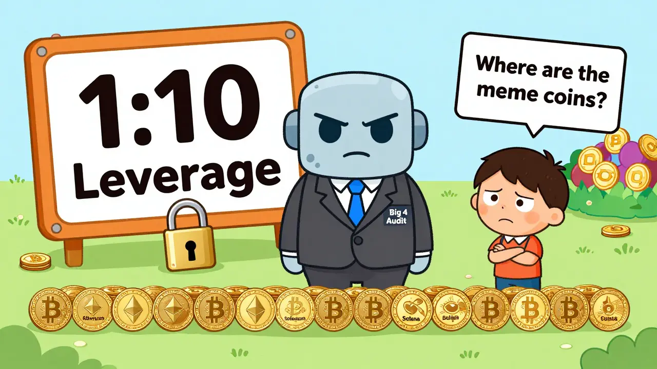 A robot auditor with 26 regulated crypto coins, while a child points at a locked garden of missing meme coins.