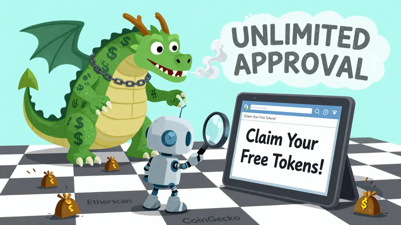 A robot examines a fake crypto website while a dragon made of money breathes 'UNLIMITED APPROVAL' smoke.