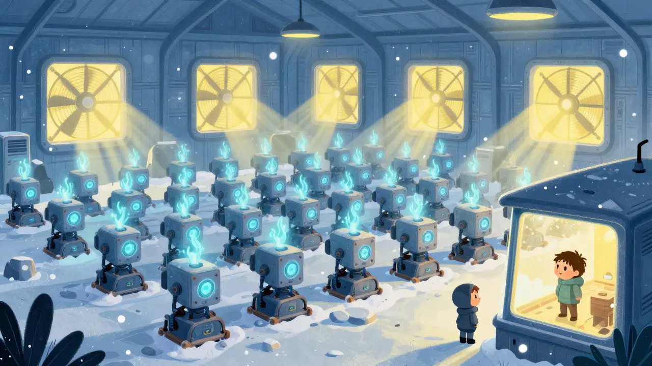 A row of glowing ASIC miners in a snowy warehouse, watched by a curious child.