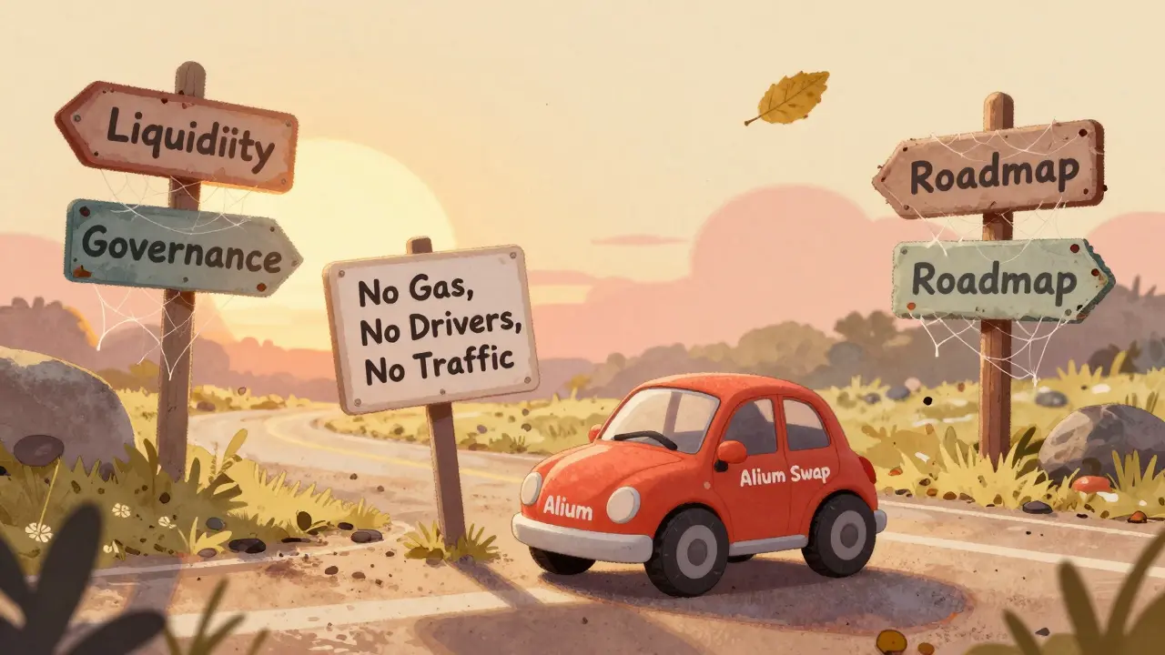 A tiny toy car called Alium Swap sits alone on a deserted road with abandoned signs for liquidity and roadmap.