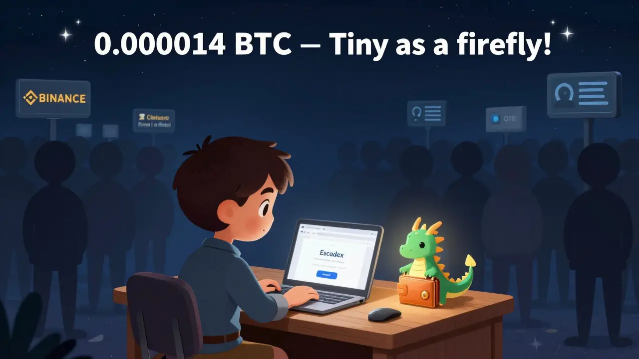 A trader working at night with a simple interface, protected by a dragon, while big exchanges loom in shadows.