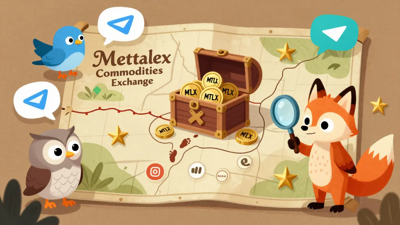 A treasure map leads to MTLX tokens, guided by cartoon Twitter birds and Telegram bubbles with a curious fox and owl.