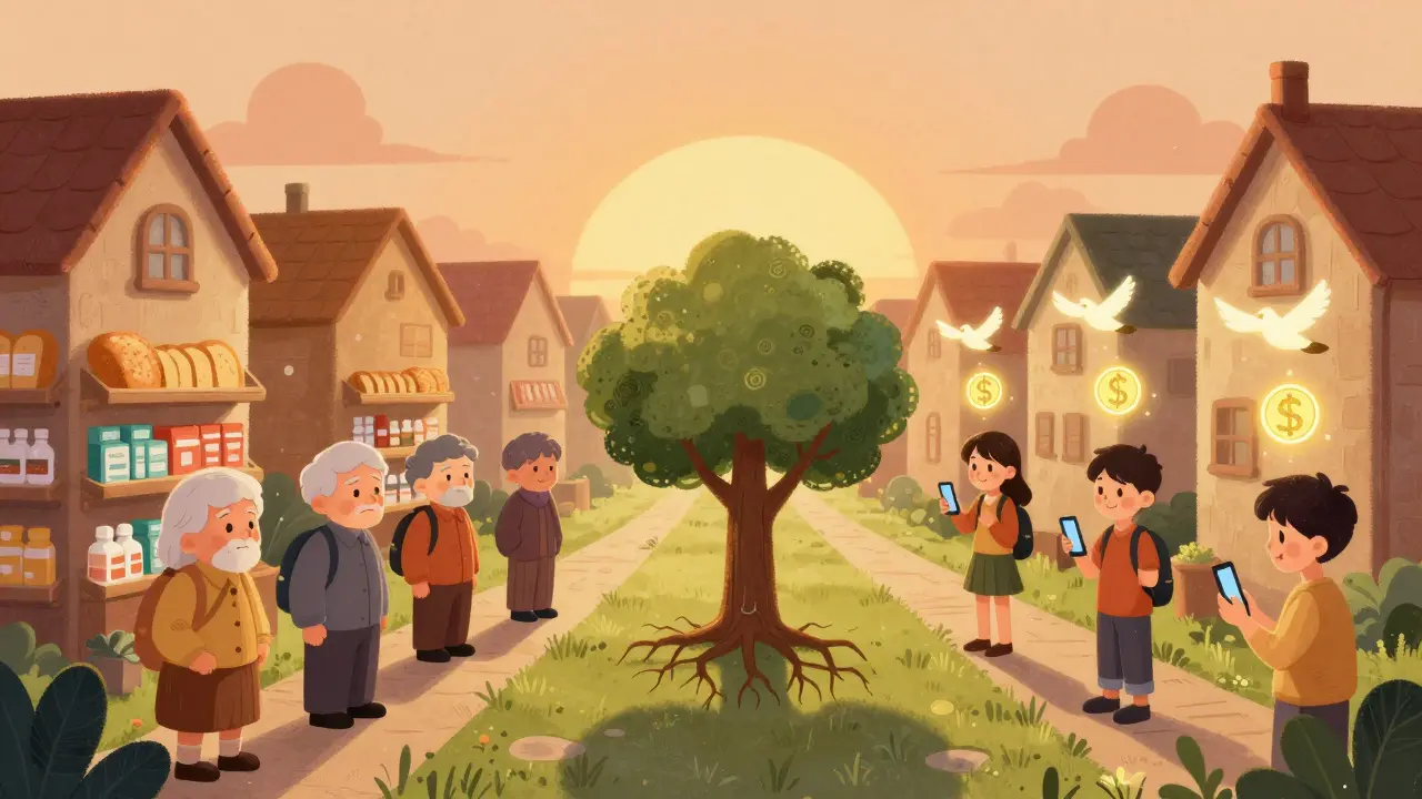 An elderly person faces rising prices while teens send crypto gifts as glowing birds fly away, connected by a blockchain tree.