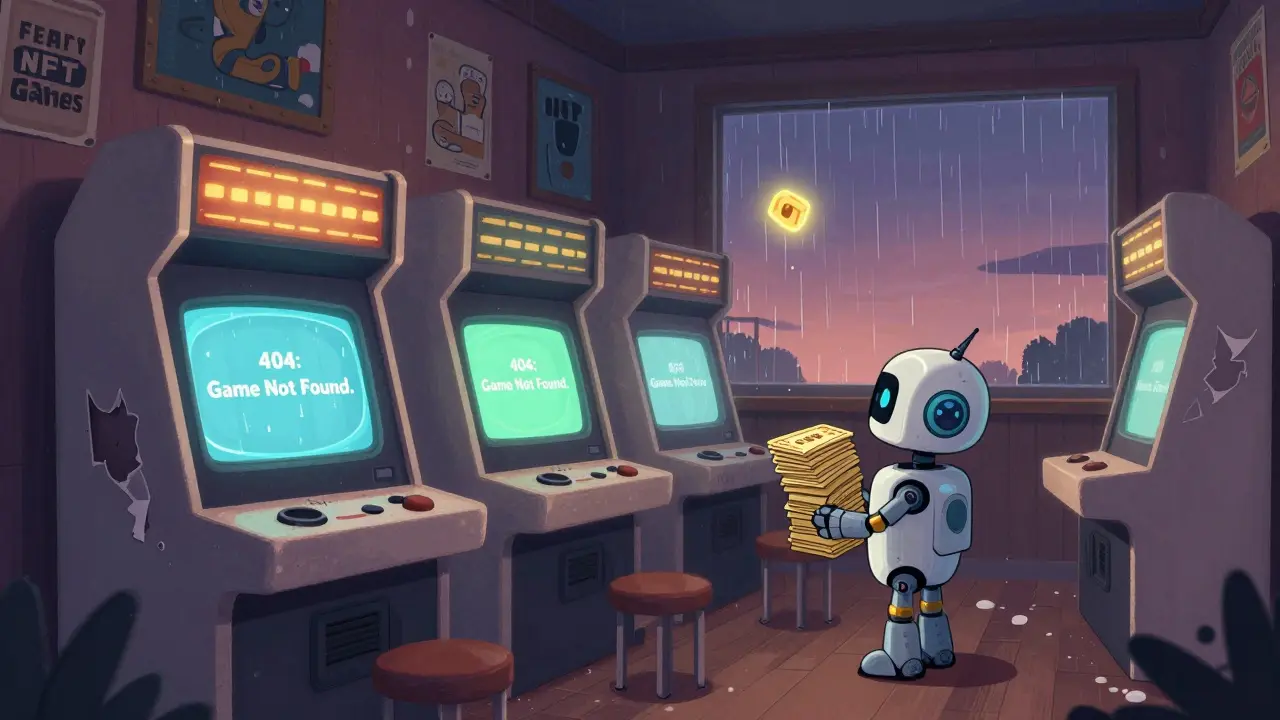 An empty arcade with a robot staring at a blank screen, forgotten NFT tickets scattered on the floor.
