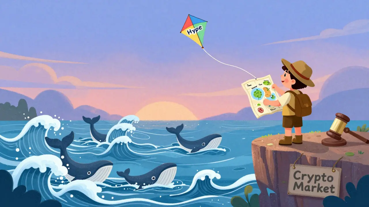 An explorer stands on a cliff with a map of crypto fundamentals, while waves of market forces churn below and a hype kite flies above.