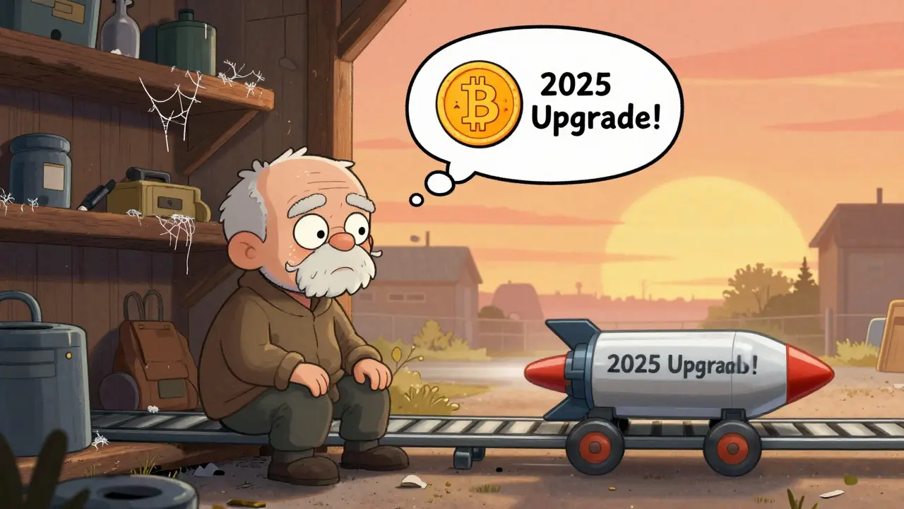 An old ASIC miner on a shelf as a new model zooms by on a conveyor belt.