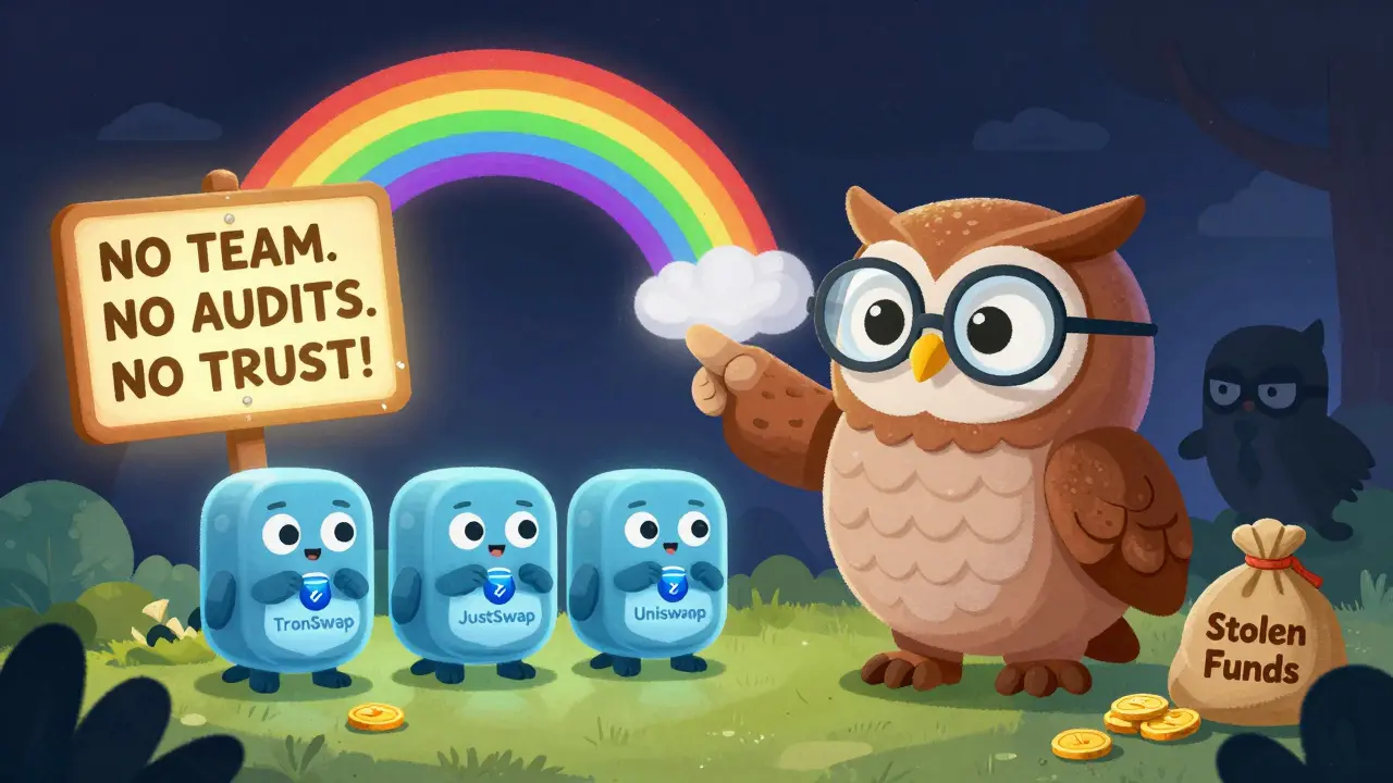 An owl warns children about unsafe crypto platforms while pointing to safe alternatives under a rainbow.