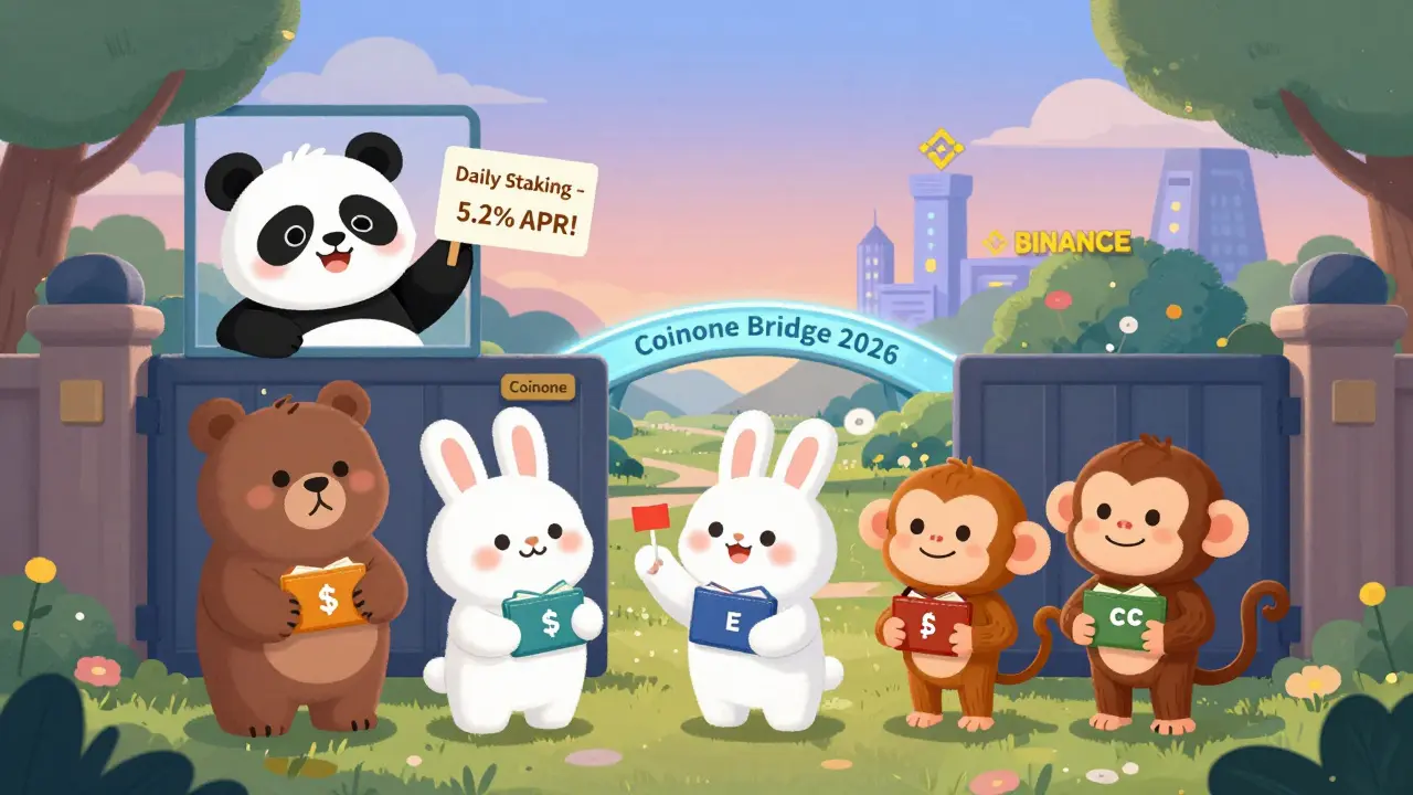 Animals with foreign wallets stand outside a locked exchange gate as a panda offers staking inside.