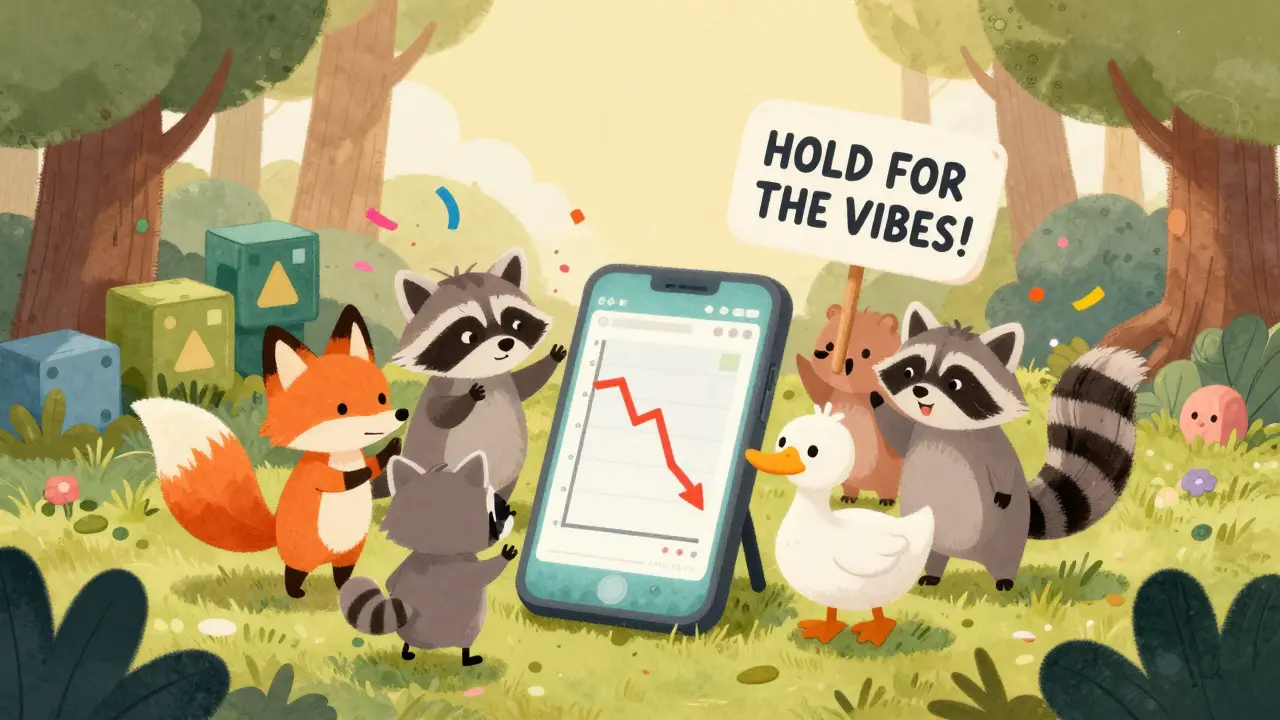 Anthropomorphic animals cheer beside a crashing crypto chart, holding signs that say &#039;Hold for the Vibes!&#039;