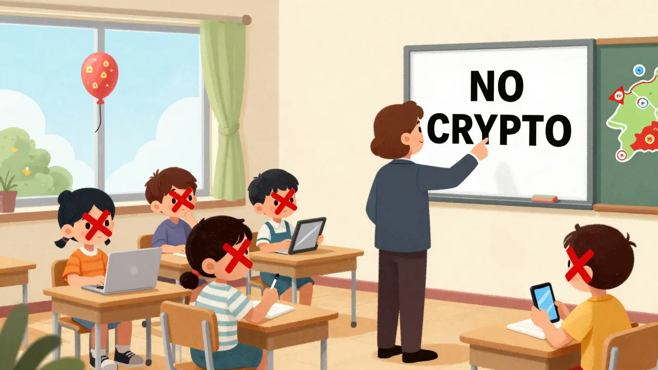 Children in a classroom face red X marks on their devices as a &#039;NO CRYPTO&#039; sign looms overhead.