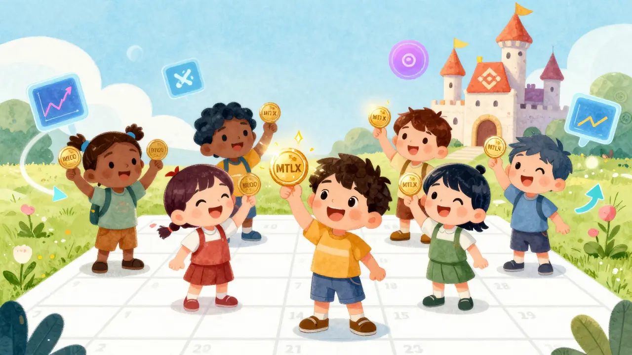 Children with FET tokens watch MTLX tokens appear as gifts on a weekly calendar near a friendly Binance castle.
