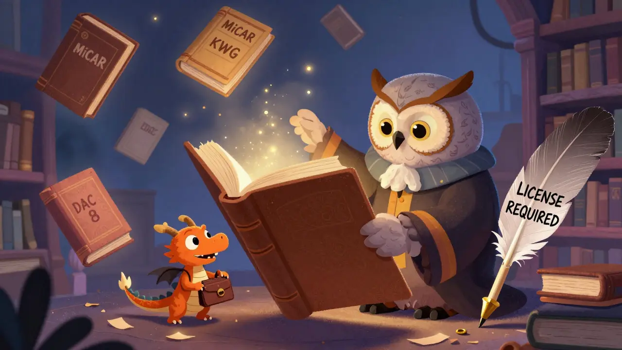Floating law books and a wise owl stopping a dragon with a quill pen.