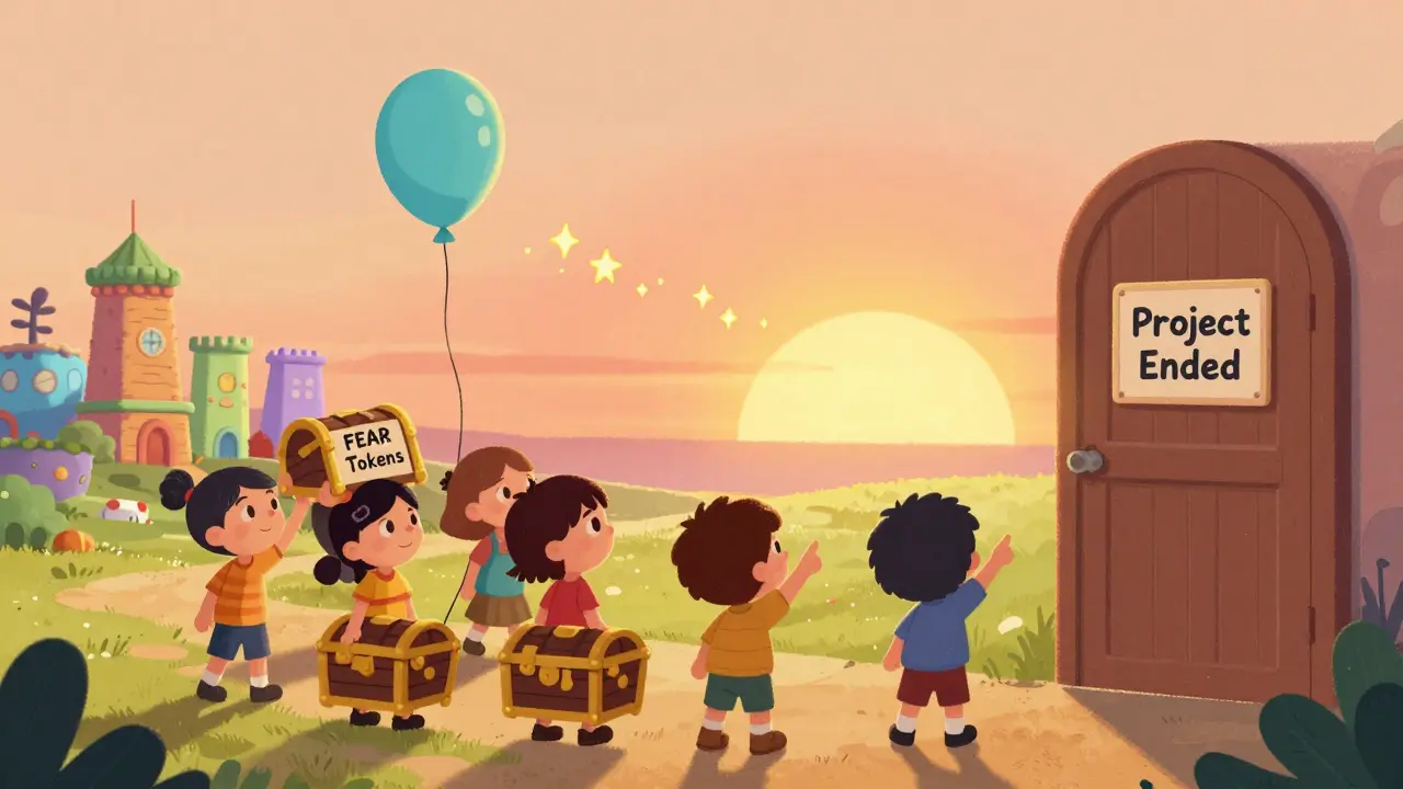 Kids hold empty treasure chests beside a deflated blockchain balloon, a closed door reads 'Project Ended.'