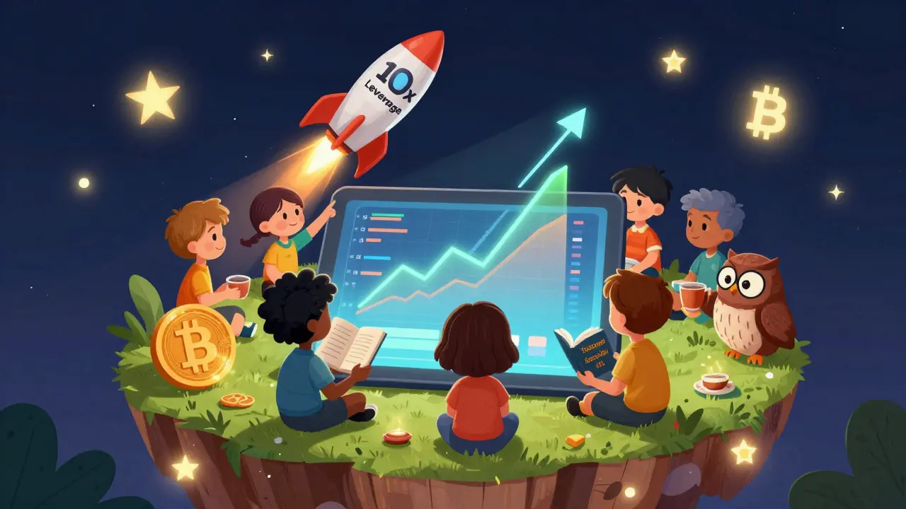 Kids learn about crypto and stocks on a floating island, with a rocket soaring on a trading chart.
