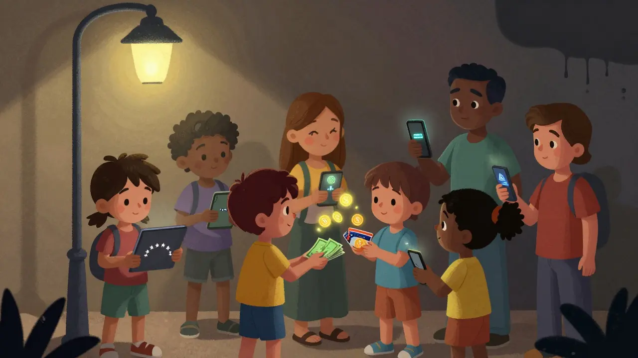 People exchange cash for crypto via tablet under a streetlamp, digital coins glow like fireflies around them.