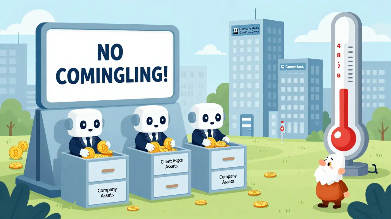 Robots sorting crypto coins into separate drawers in a friendly bank.