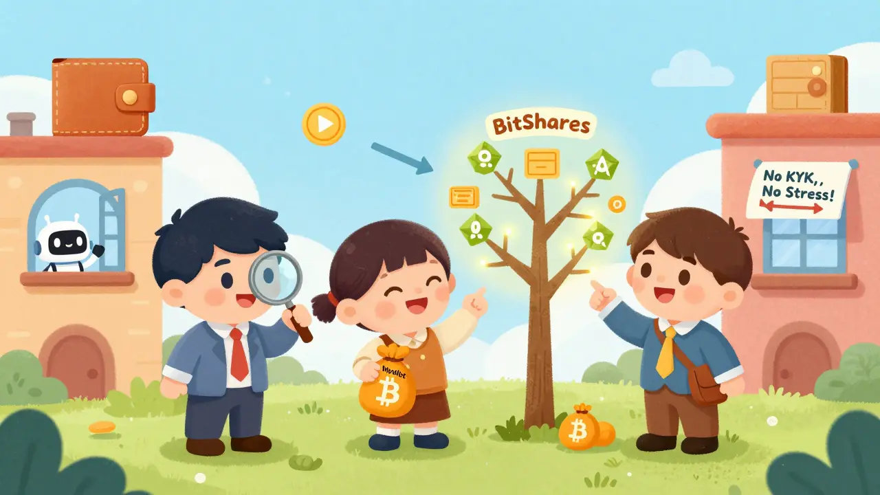 Three friendly trader characters celebrating low fees on a blockchain tree.