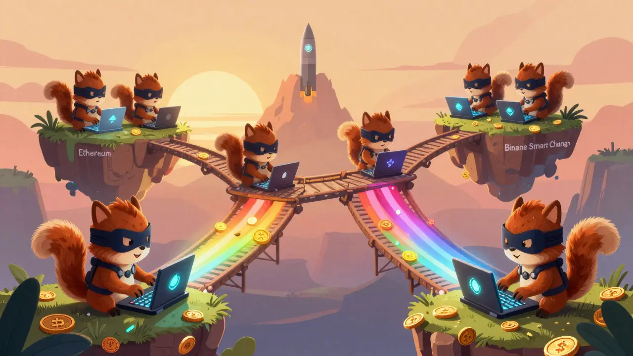 Tiny hacker squirrels send crypto coins across magical bridges between floating blockchain islands under a missile-shaped mountain.