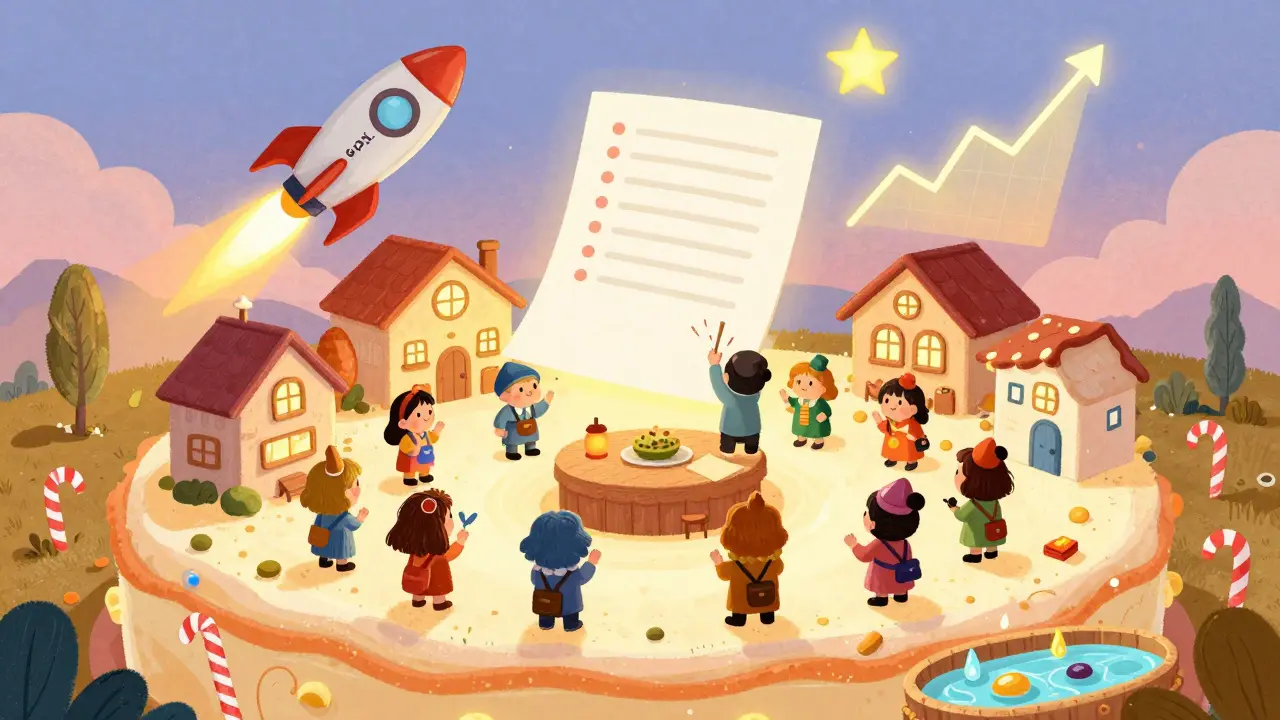 Tiny villagers in a cake-shaped village vote on a floating proposal as a Solana rocket rises toward a price-chart star.